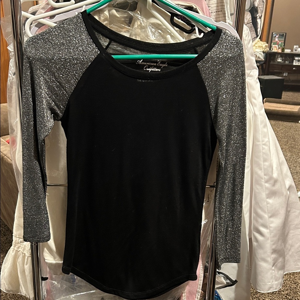 American Eagle Outfitters Black Top with Silver Sleeves